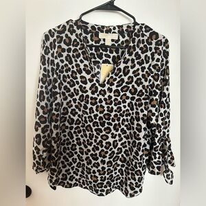 Michael Kors Leopard Print V-Neck Blouse - Brown/Black/White